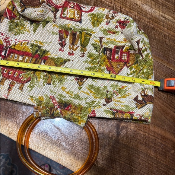 Vintage Print Women Bag with Wooden Handle - Picture 5 of 9